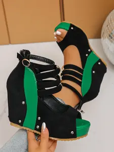 Women's Summer Wedge Heel Thick Sole Sandals, Fashion Sport Punk Rivet Three Straps Colorblock Chunky Heels, Party Holiday Shoes