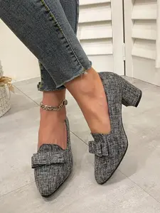 New Women's Small Fragrance Plaid Heeled Shoes, Butterfly Knot Pointed Toe Loafers, French Retro Style, Breathable, Comfortable, All Seasons
