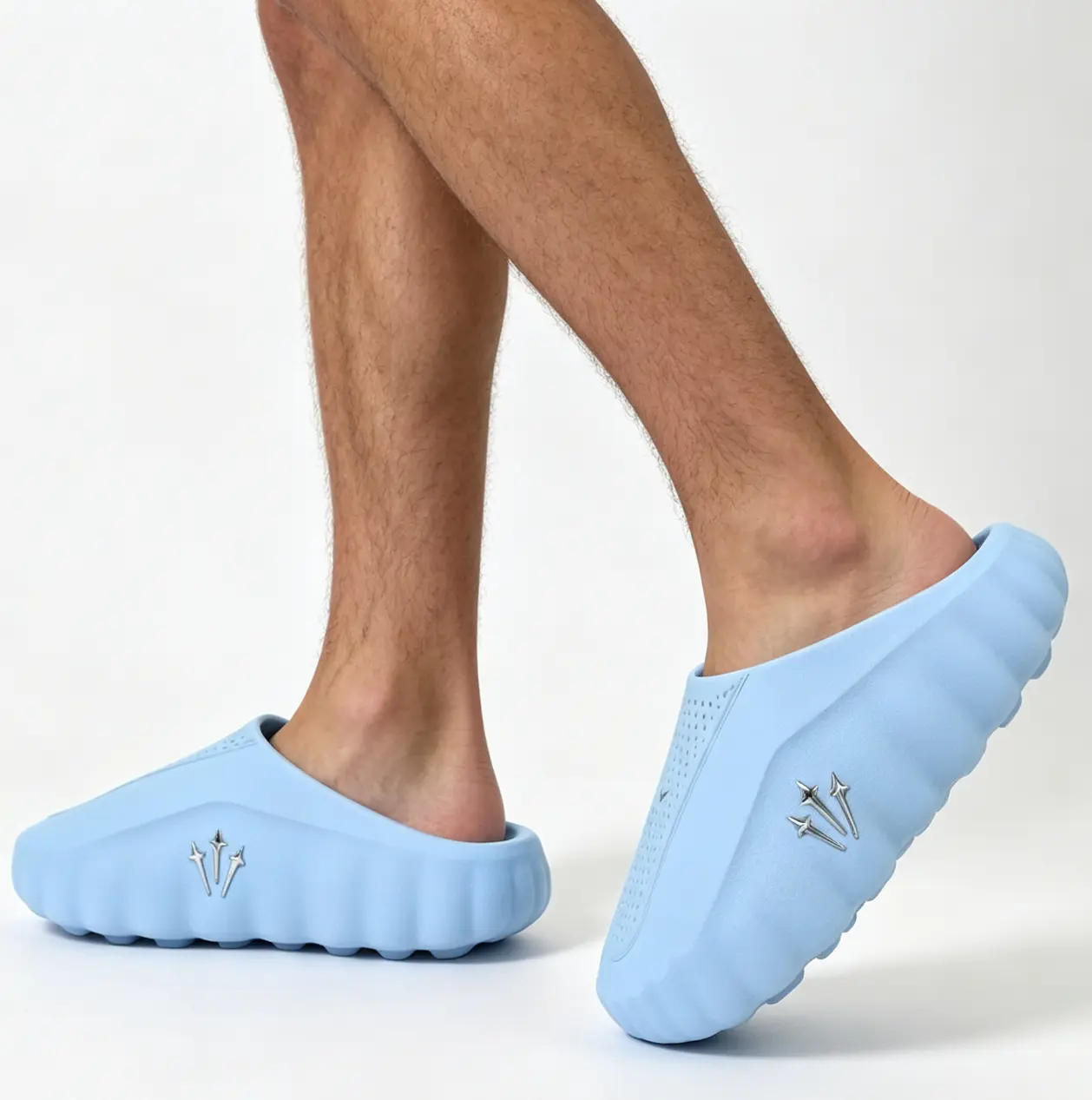 Sports Collectibles Accessories Fashion Closed-Back Slip-On Mule Slippers, Pastel Blue Upper, Silver Decorative Logo, Lightweight Ergonomic Street Footwear for All-Day Wear