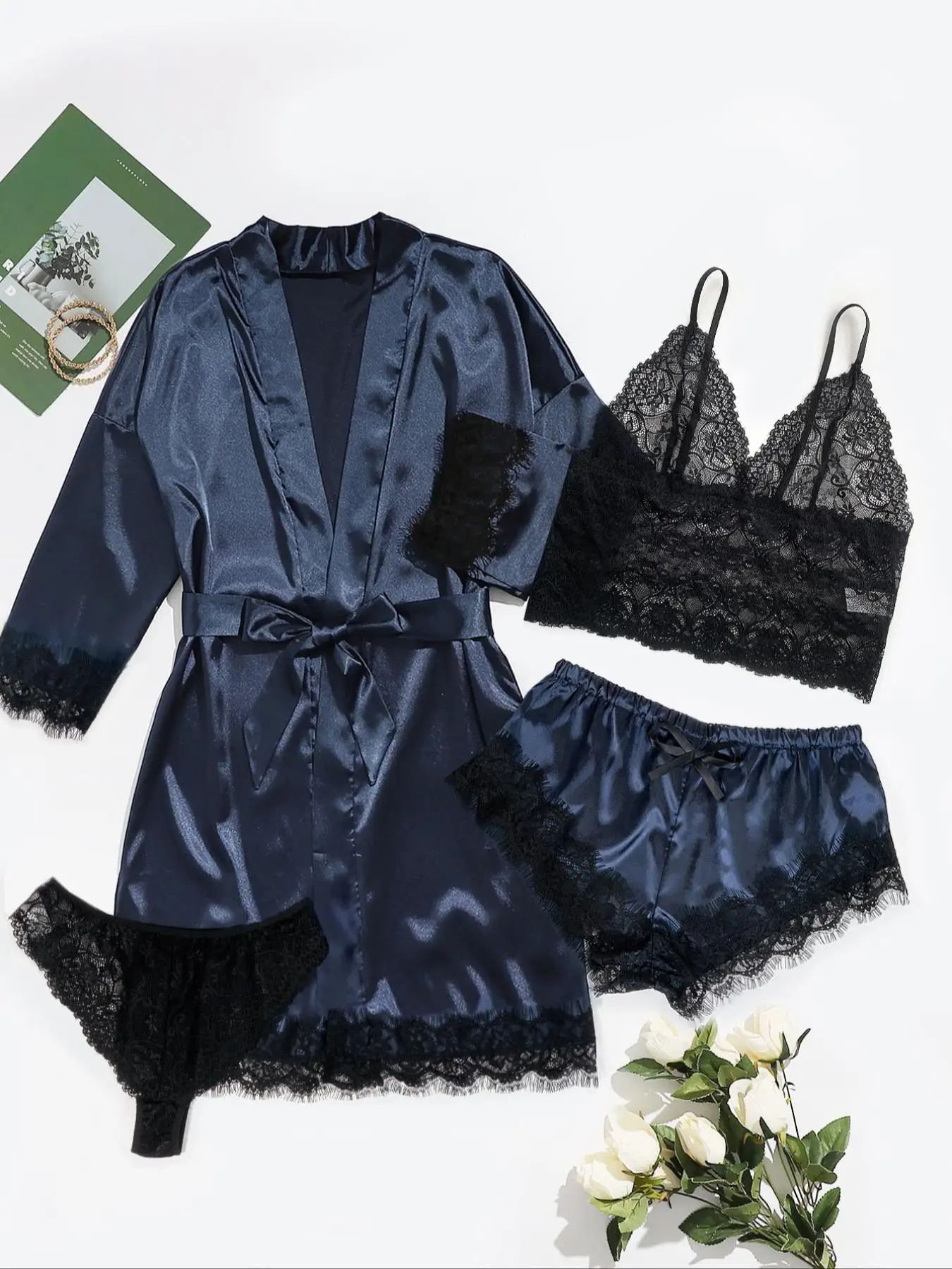 Women's Contrast Lace Belted Satin Pyjama Set, Backless Crop Cami Top & Wrap Robe & Elastic Waist Shorts & Panty Nightwear Set, Elegant Lingerie, Slee
