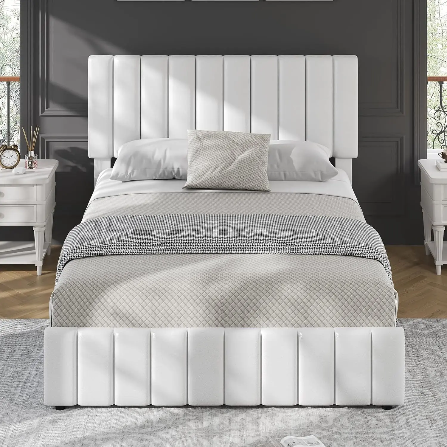 Gaomon Queen Size Upholstered Bed Frame with 4 Storage Drawers, Adjustable Headboard, Wooden Slats Support, Easy Assembly, Solid Construction, No Box Spring Needed, Elegant Pattern, White - Space-Saving, Breathable, Fits Queen Size Mattress, Storage Space
