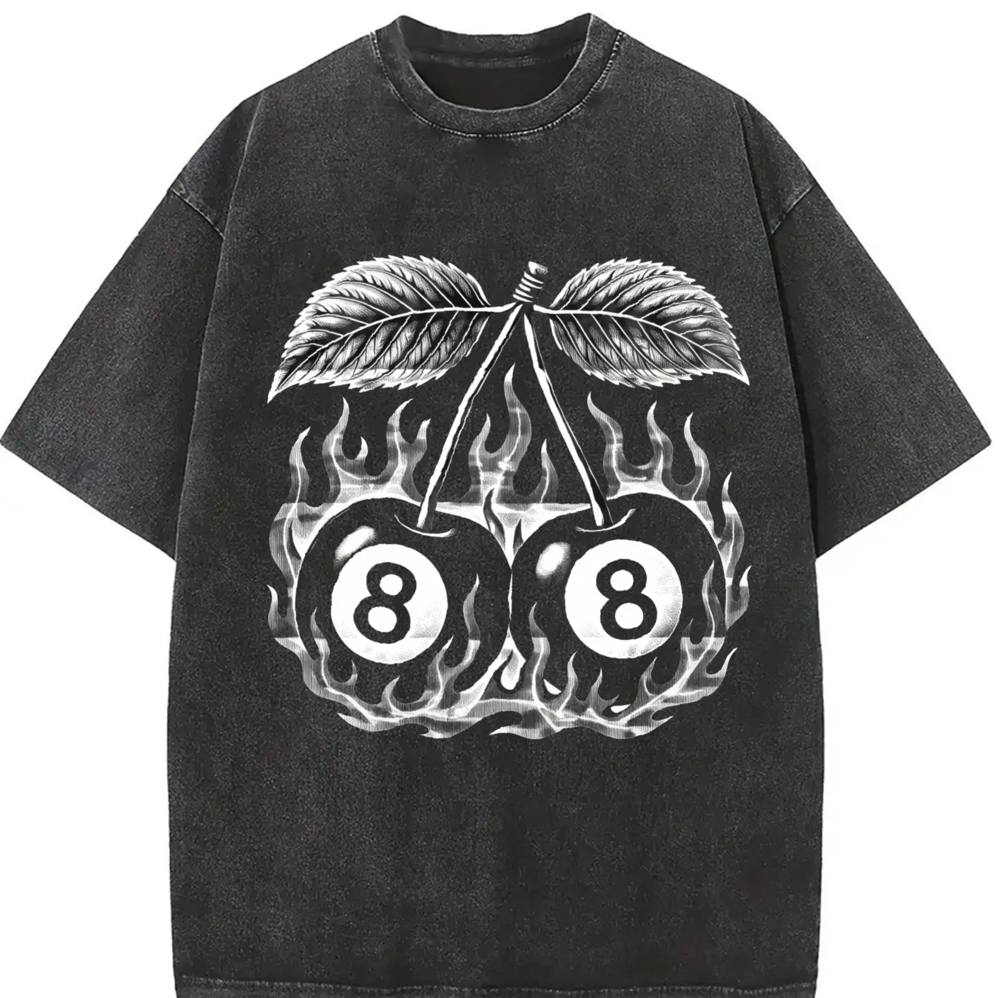 Vintage Flaming 8 Ball Cherries Tattoo T-Shirt, Retro Grunge Billiards Graphic Tee, Y2K Cherry Shirt, Edgy Streetwear Art, Pool Player Style