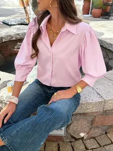 Women's Casual Bubble Sleeves Button Front Shirt Blouse, Simple Versatile Three-Quarter Sleeve Top, Perfect for Daily Wear