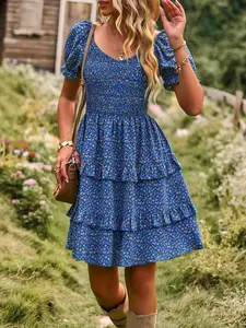 Women's Ditsy Floral Print Tiered Layer Shirred A Line Dress, Boho Floral Printed Fashion Boho Flounce Sleeve Scoop Neck Short Dress for Daily Holiday Vacation Bohemian Casual Wear, Ladies Dress for Summer, Boho Chic Dress, Bohemian Print Dresses