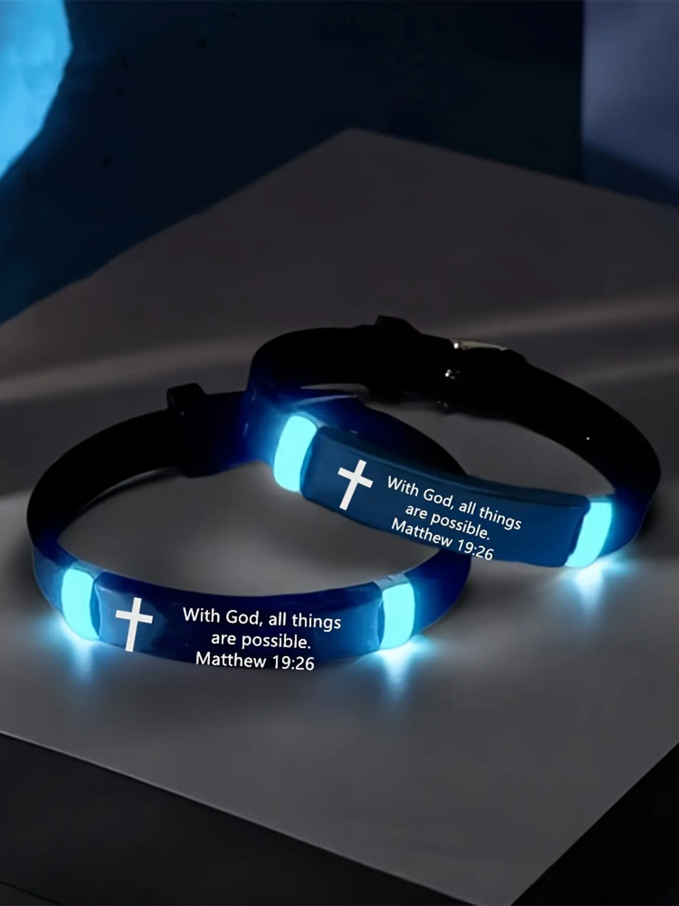 2 Pcs "With God" Inspirational Bible Verse Cross Night Light Bracelet, Cross Bracelets, Christian Silicone Identity Band, Inspirational Gift for Men and Women, All Seasons Casual Wear No Fade Couple Gift