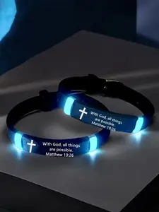 2 Pcs "With God" Inspirational Bible Verse Cross Night Light Bracelet, Christian Silicone Identity Band, Inspirational Gift for Men and Women, All Seasons Casual Wear No Fade Couple Gift
