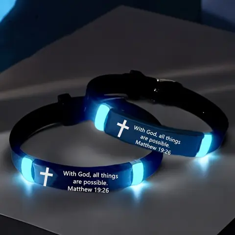 2 Pcs "With God" Inspirational Bible Verse Cross Night Light Bracelet Set, Christian Silicone Identity Band, Inspirational Gift for Men and Women, All-Season Casual Wear, No-Fade Couple Gift