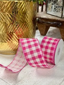 2.5 Inch By 10 Yard Hot Pink And White Gingham Twill Ribbon