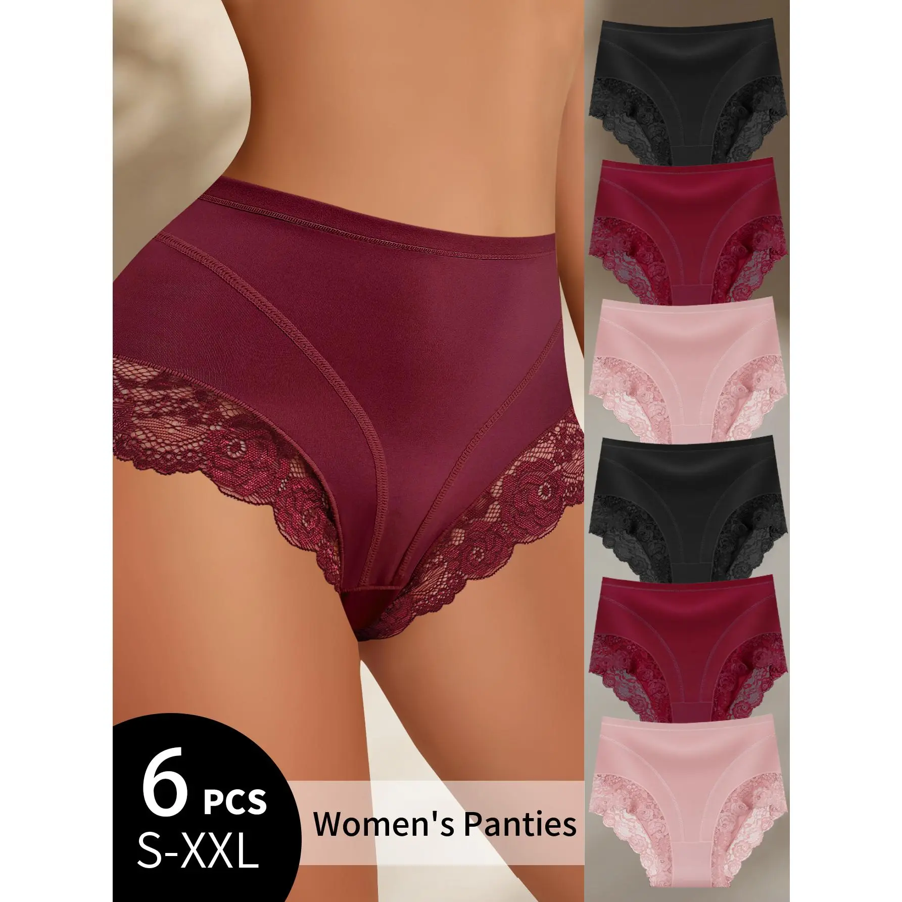 QUASTI 6 Packs High Waist Ice Silk Sexy Ladies Briefs with Lace Edge, Seamless Breathable Soft Panties,Suitable for Ladies Women's Dailywear, Soft Minimalist Underwear,Elegant & BasicWomenswear,S-XXL