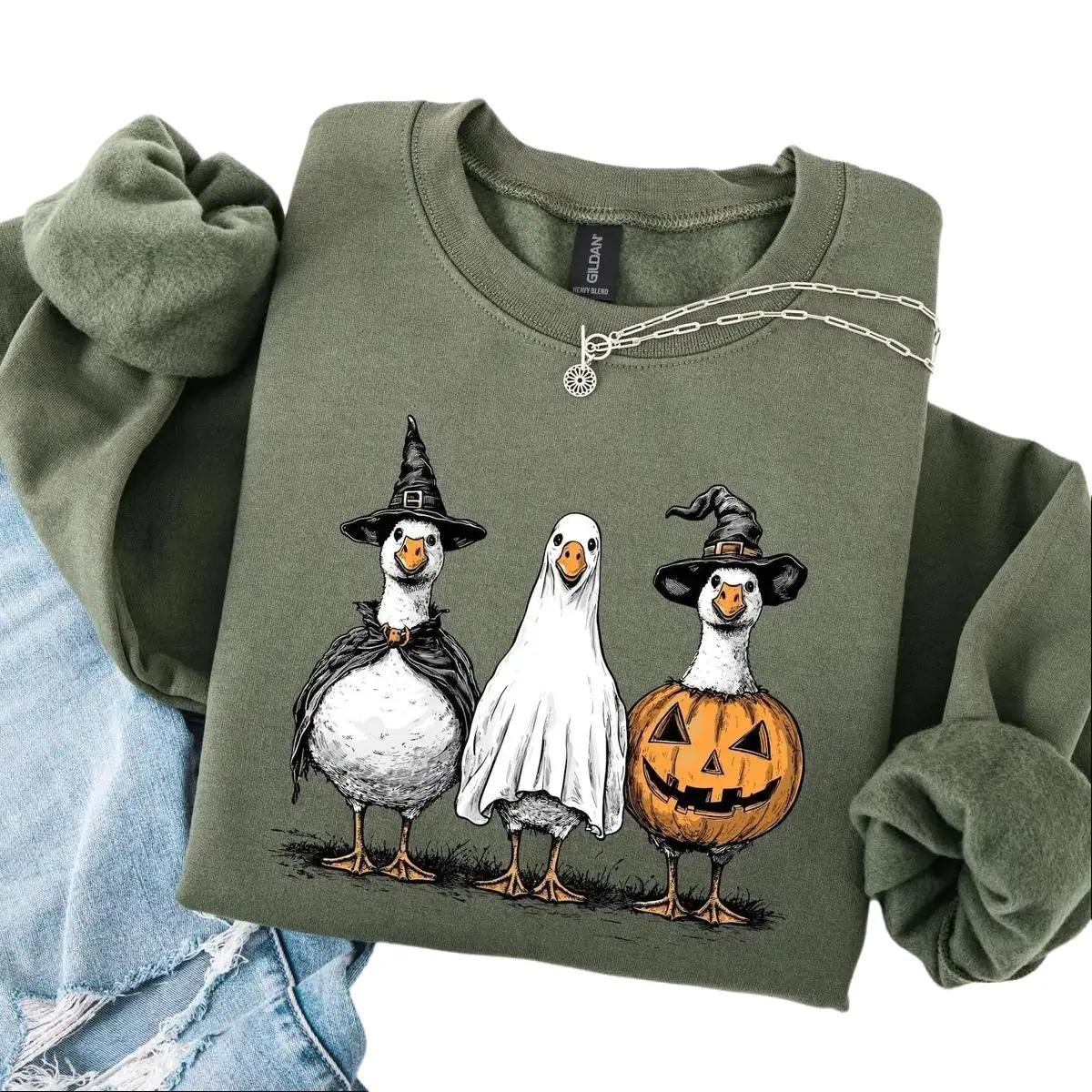Women’s Halloween Sweatshirt – Funny Spooky Season Loose Crew Neck Casual Tops, Unisex Pullover with Ghost Pumpkin Goose Print, Fall Gift Tee – Printfamily, Halloween Sweatshirts