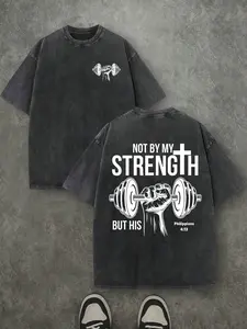 Vintage Washed Loose Fit Fitness Workout Faith Print T-Shirt, Double-Sided Christian Gym Pattern Short Sleeve, Religious Bodybuilding Streetwear