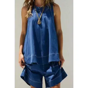 Womens Shorts Outfit Long Tank Tops + High Waist Wide Leg Wide Leg Shorts 2 Pcs Set