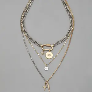 Women's Gold Layered Necklace Set: An Eye-Catching Combination of Chunky Chains and Mixed-Metal Pendants—Featuring Trendy Coin Accents, a Stylish Gift for Her.