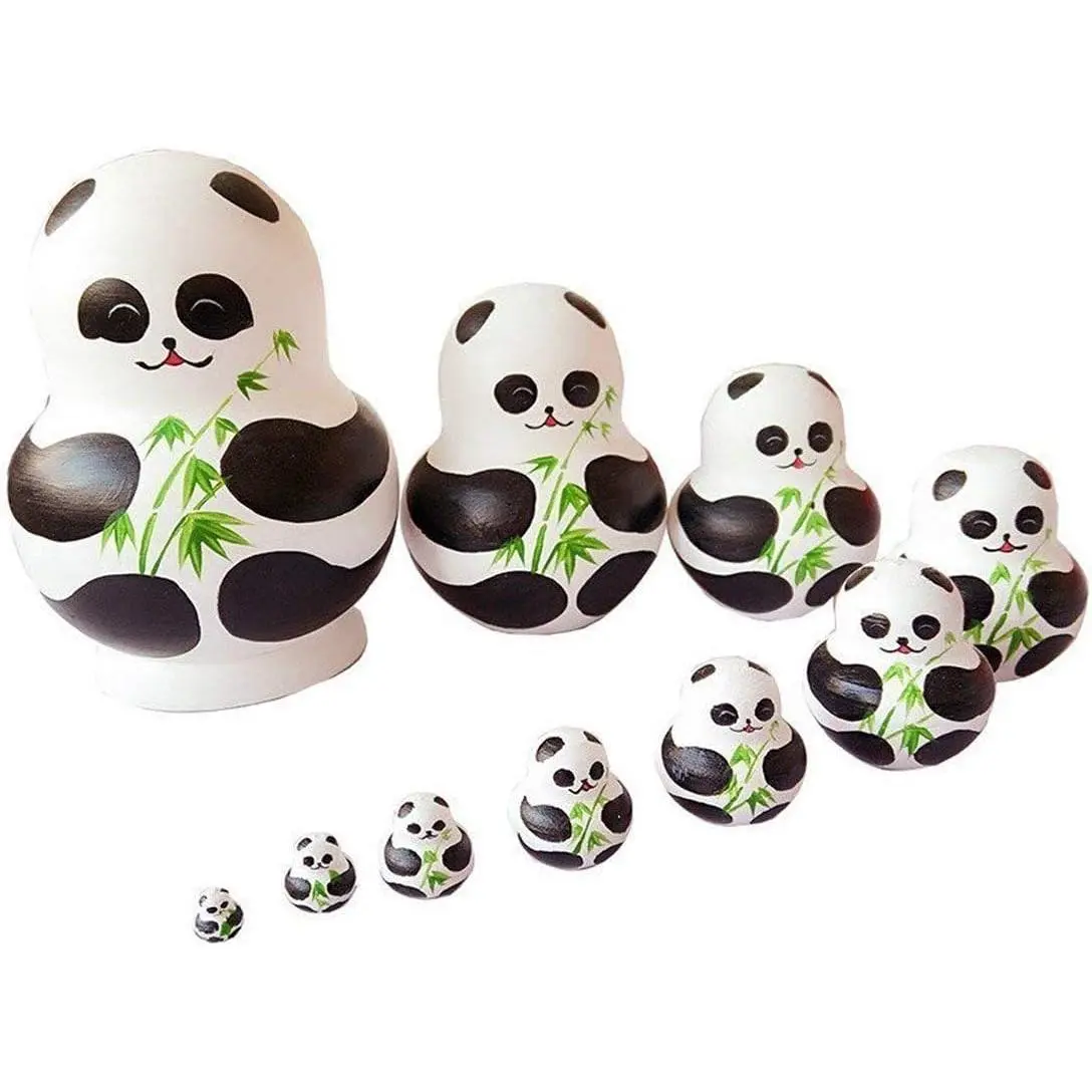 Cute Animal Panda with Bamboo Handmade Wooden Russian Nesting Matryoshka Dolls Set 10 Pieces for Kids Toy Home Decoration