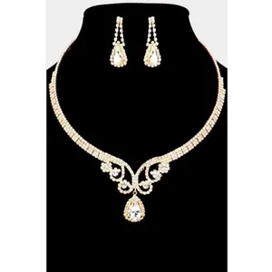2Pcs Crystal Teardrop Dangle Necklace Set
