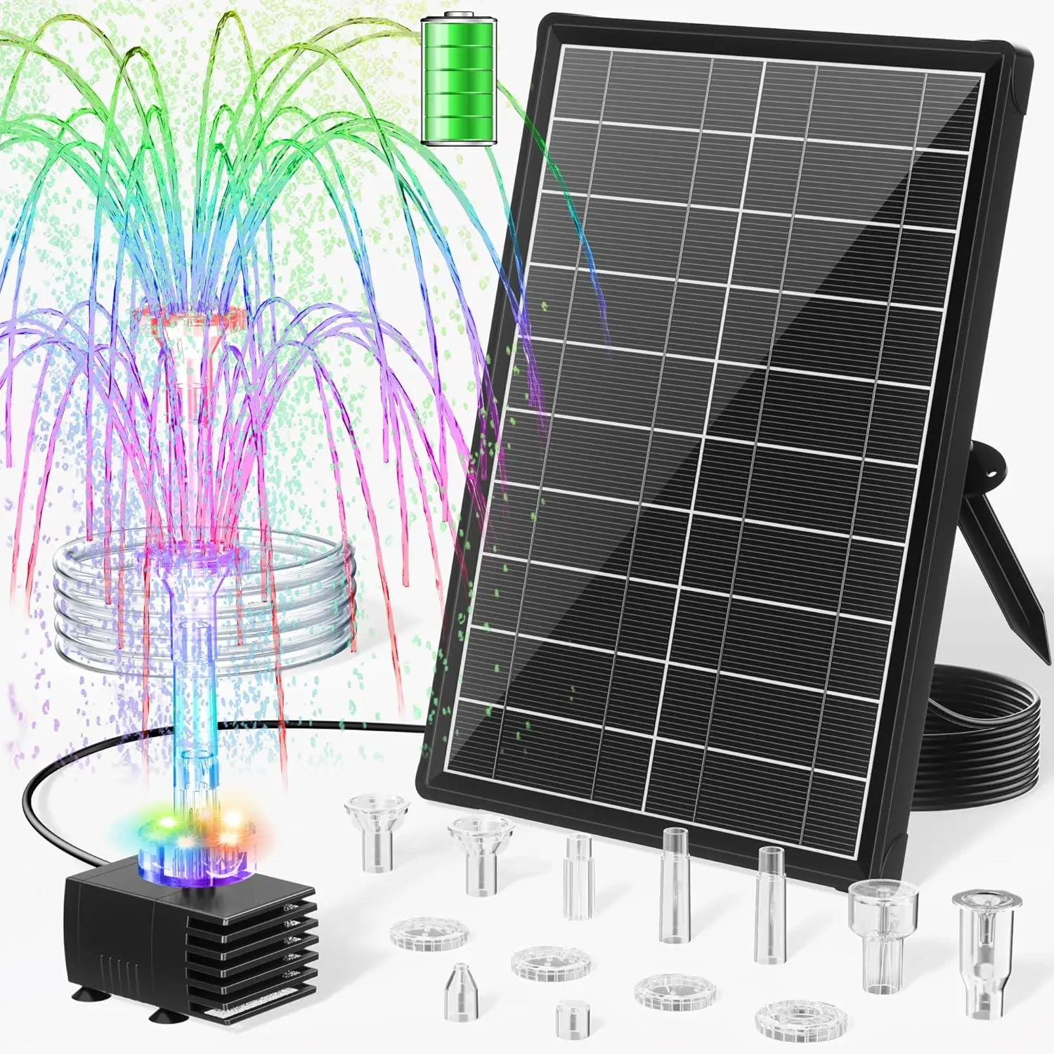 POPOSOAP 8W Solar Bird Bath Fountain Pump with 3200mAh Battery Backup & Color-Changing LED Lights, Floating Solar Fountain for Bird Bath, Small Pond, Garden, Backyard Water Feature