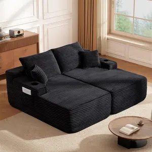 69" Double Chaise Lounge Boneless Oversized Indoor Chaise Lounge Chair with Cup Holders No Assembly Cloud Plush Corduroy 2-Person Sofa Bed for Living Room Bedroom Reading (Black)