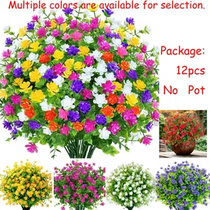 12Bundles Outdoor Artificial Fake Flowers UV Resistant No Fade Boxwood Faux Plastic Shrubs Plants Decorative for Garden Patio Porch Window Box Home Wedding Farmhouse Hanging Décor Artificial Flower Bouquet Faux Flower Decoration