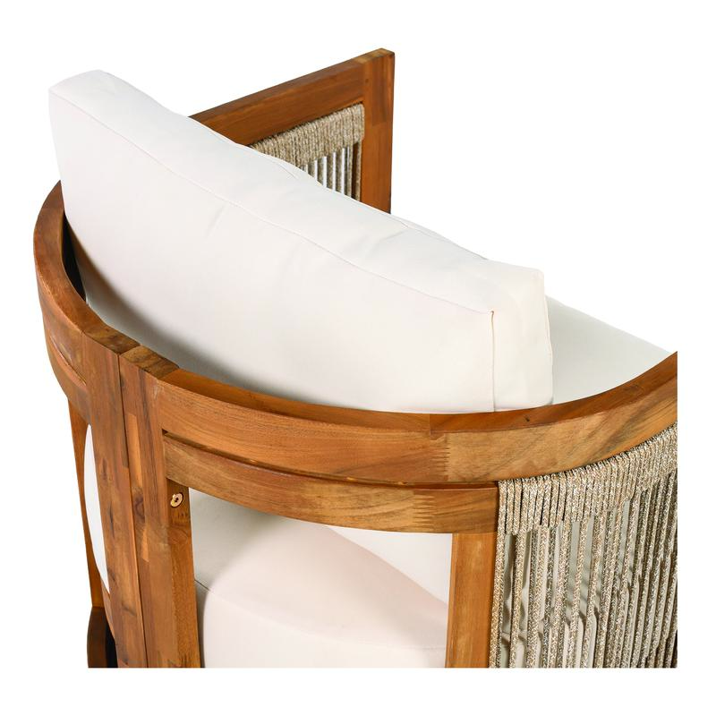 Premium Acacia Wood Outdoor Club Chair Curved Tub Design with Woven Rope Accents Water Resistant Cushions All Weather Slat Construction