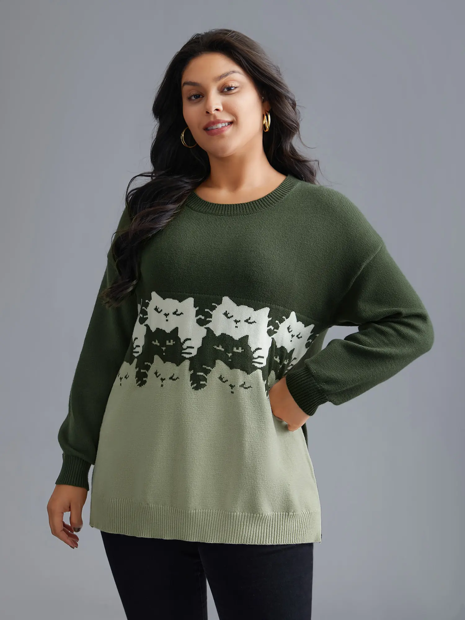 BloomChic Women's Oversized Cat Print Nylon-Rust Long-Sleeve Knit Hoodie - High-Stretch Fabric, Loose Drop-Shoulder, Contrast Flat Army Green Contemporary Pullover Tops, Animal-Themed Casual Wear, Garment, Animals, Drop Shoulders, Contrast Panel, Hand Was
