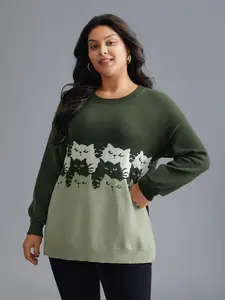 BloomChic Women's Oversized Cat Print Polyester Long-Sleeve Sweatshirt - High-Stretch Fabric, Loose Drop-Shoulder, Contrast Flat Army Green Knit Top with Flattering Fit Swimweek