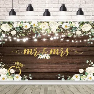 7x5ft Mr & Mrs Backdrop for Wedding Bridal Shower Rustic Wooden White Flowers Photography Background Wedding Bachelorette Party Decirations Banner Photo Booth Props