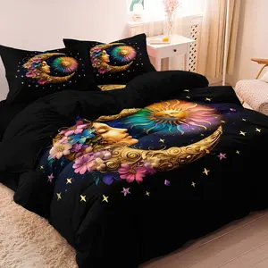 3-Piece Breathable Golden Sun Moon Planet Duvet Cover Set (1 Duvet Cover + 2 Pillowcases, No Core), Colorful Petals High-Definition Digital Print for Home and Dormitory Use