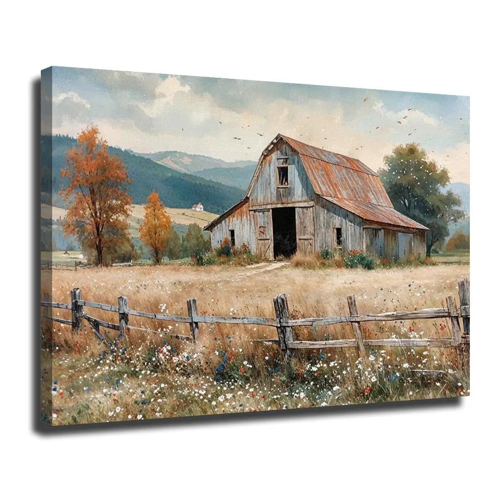 Rustic Barn Landscape Wall Art Farmhouse Decor Living Room Bedroom Gallery Wrapped Canvas Prints Cottagecore Aesthetic Home Decorations
