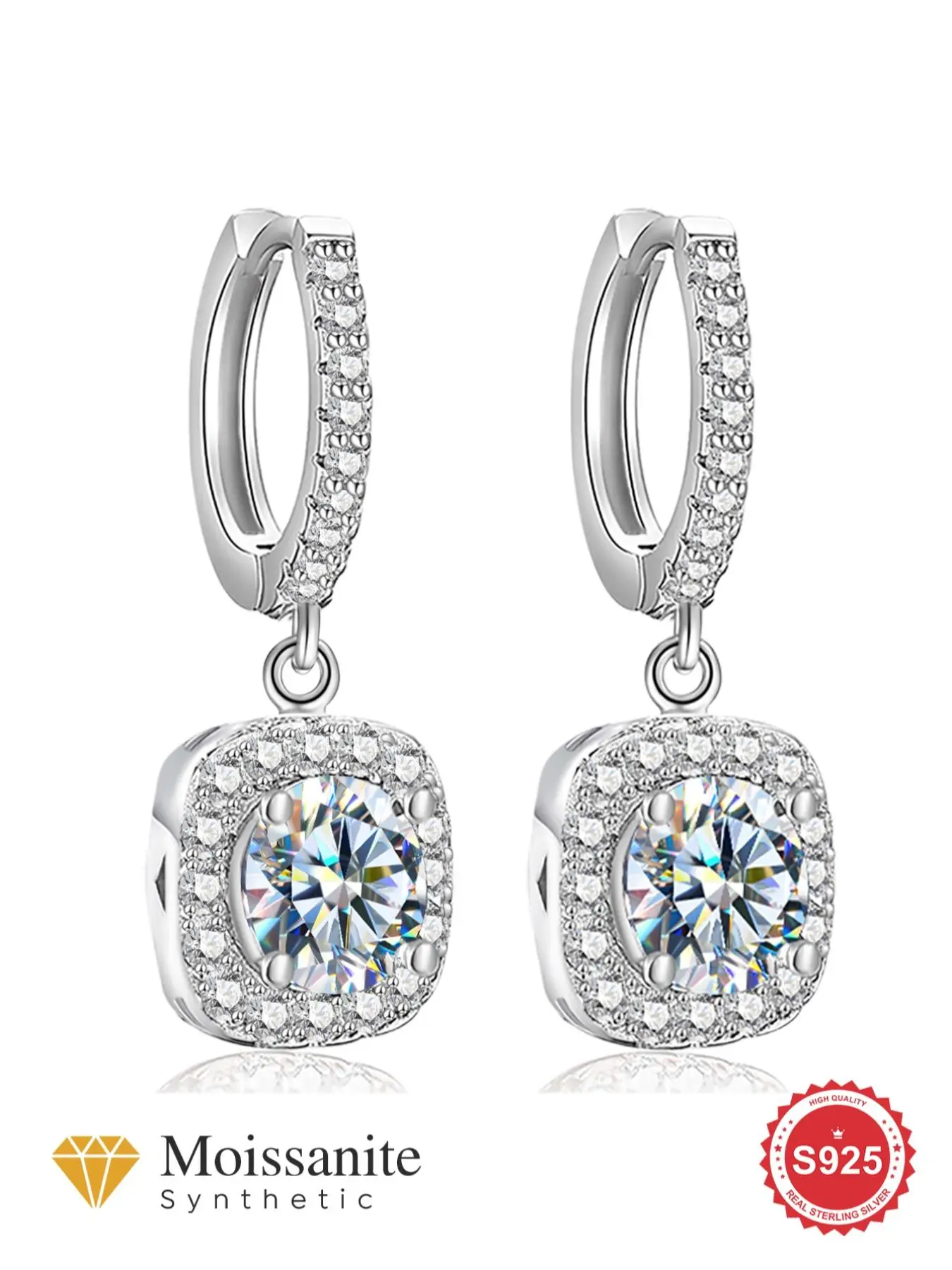 S925 Sterling Silver Square Shaped Earrings, 0.5ct Synthetic Moissanite Earrings, Fashion Jewelry Accessories for Women & Girls, Hoop Earrings