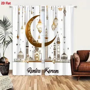 2D Flat   Golden Ramadan Kareem Theme 2-Piece Curtain Set, Crescent Moon Mosque Domes Minarets Ornate Lanterns Stars Decorative Pattern, Festive Islamic Holy Month Celebration Curtains for Living Room Bedroom Window Decoration