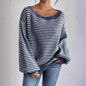 Women's Fall Striped Off The Shoulder Sweater Oversized Cable Soft Knit Pullovers Lightweight Drop Shoulder Tops Loose Long Sleeve Comfy Casual Jumper Tops - ChicGift