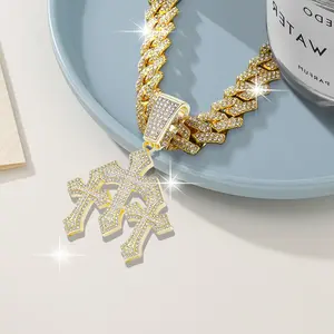 Unisex Triple Cross Style Cuban Link Necklace Iced Out Streetwear Pendant Hip Hop Sparkling Chain for Daily Casual and Party Wear