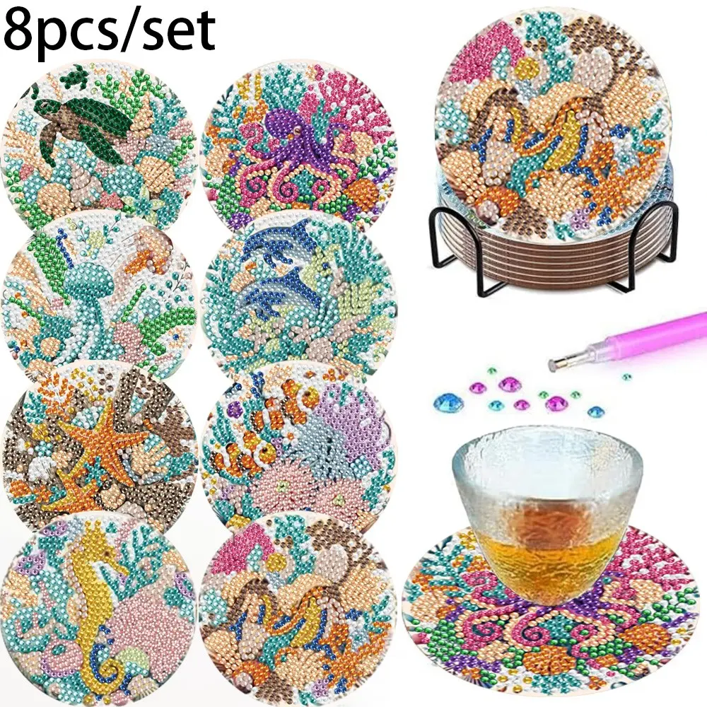 8 Piece Ocean Theme Diamond Puzzle Coasters, DIY 5D Diamond Art Drink Coasters with Stand, Unique Handmade Gift for Kitchen, Office, Marine Enthusiasts