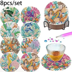 8 Piece Ocean Theme Diamond Puzzle Coasters, DIY 5D Diamond Art Drink Coasters with Stand, Unique Handmade Gift for Kitchen, Office, Marine Enthusiasts