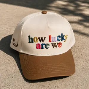 How Lucky Are We Embroidered Hat Vintage Two Tone Trucker Cap Adjustable Snapback Baseball Hat for Women Men Neutral Casual Everyday Gift