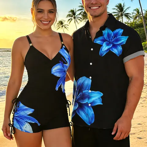 DRESSLILY 2026 Vacation Couple Outfit Women's Floral Print Cinched Boyshorts Swimsuit and Men's Short Sleeve Shirt & Shorts Three Pieces Matching Set