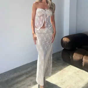 Women's Two Piece Skirt Sets Outfits Lace Strapless Tie up Bandeau Tube Top and Summer Bodycon Long Maxi Skirt Set Matching Outfit Vacation Clothing Set