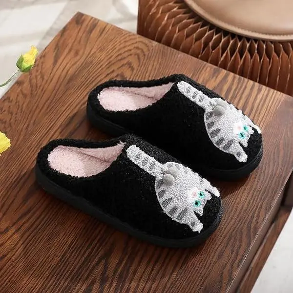 Women's Stylish Soft Orange Cat Plush Slide Footwear, Warm Fuzzy Indoor House Slippers with Double Pom-Pom Bell Detail
