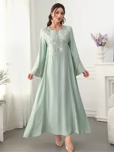Elegant Muslim Abaya Dress for Women, Long Sleeve Tie Design, Loose-Fitting Woven Fabric, Spring & Fall Islamic Clothing, Abayas for Eid