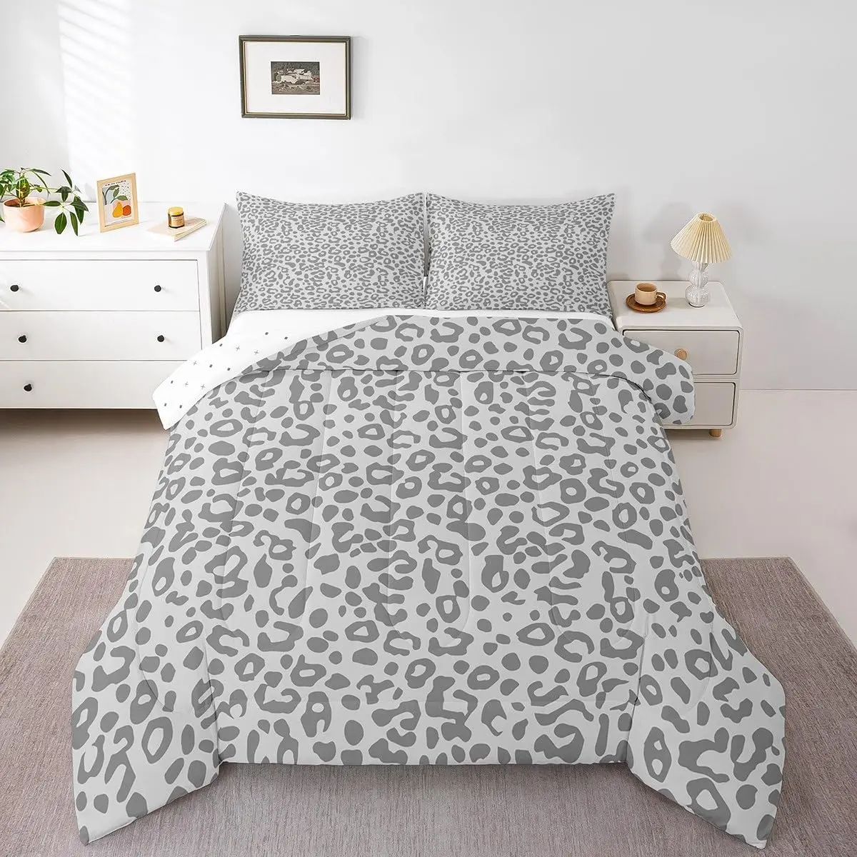 Gray Leopard Duvet Quilt Cheetah Comforter Set Decor Simple Modern Animal Print Bedding Set Breathable Soft Lightweight Microfiber Bedroom Decor