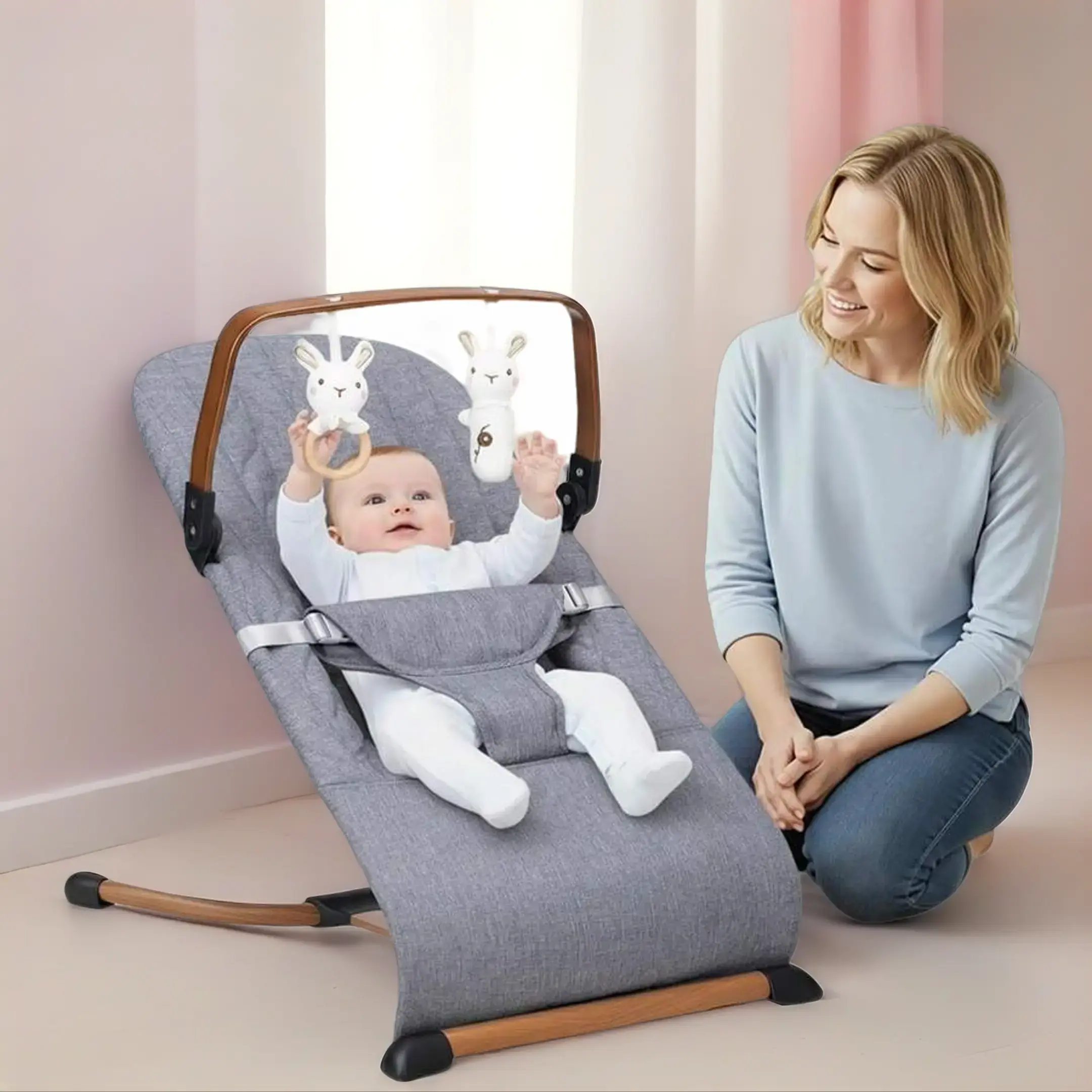 3 in 1 Baby Bouncer, Rocker & Lounger - Foldable Infant Nursery Chair for Parents, Durable Frame, Soft Breathable Plain Fabric, 3 Recline Positions, Removable Wooden Toy Bar, 0-12 Months Newborns/Infants 10 - 15 Kg, Soft Breathable Fabric