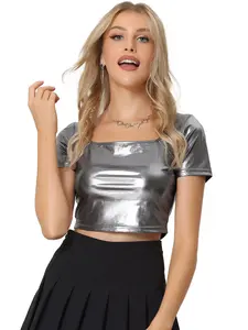 INSPIRE CHIC Short Sleeve Party Sparkly Shiny Metallic Crop Top