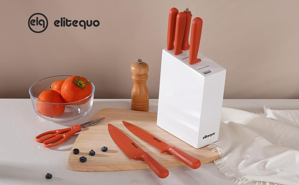 ELITEQUO 8 Pieces Knife Set with Block, Forged, High Carbon Stainless Steel Sharp Blade Block Knife Set, Dishwasher Safe Cutlery