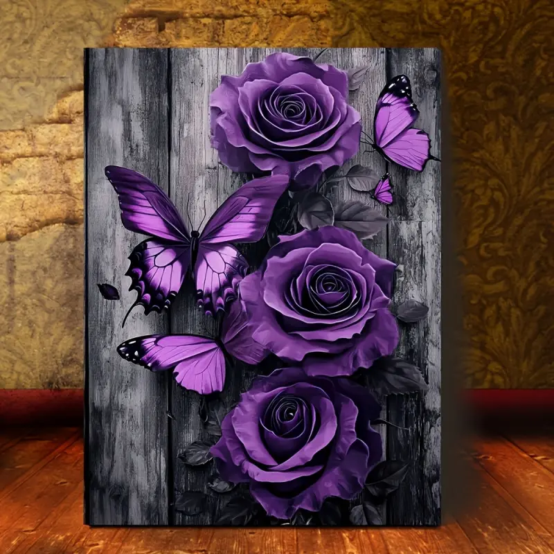 1 Piece Purple Rose and Butterfly Canvas Wall Art - Modern Classic Floral Decoration with Bright Purple Roses and Black Butterflies on a Distressed Wooden Background, Wooden Frame Vertical Wall Art, Suitable for Indoor/Outdoor, Perfect New Year, Valentine
