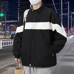 Men's Black & White Stripe Loose-Fit Down Jacket Stand Collar Winter Coat with Zippered Pockets Night City Street Style Warm Puffer Jacket