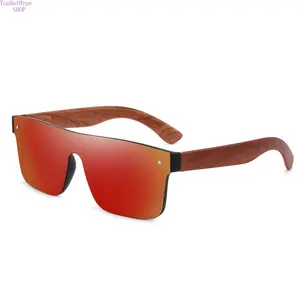 Rimless Red Mirror Sunglasses for Men Women Wood Grain Temple UV400 Protection Retro Fashion Shades for Beach Driving Daily Wear