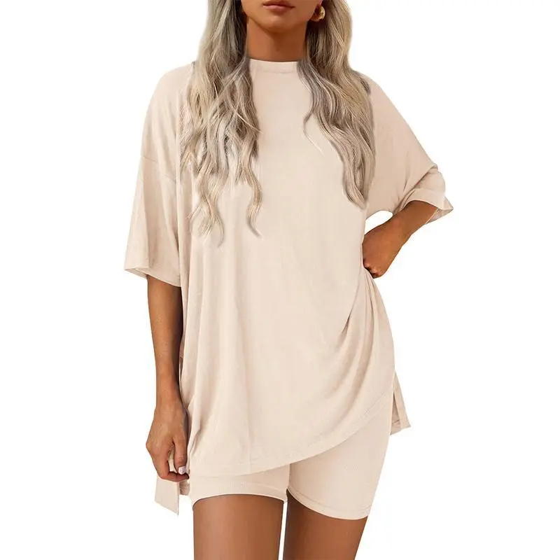 Women's Summer Two-Piece Set  Casual Oversized Shirts Biker Shorts Matching Airport Travel Outfit Split Hem Lounge#     springtok Fabric Womenswear