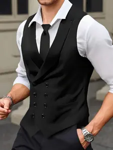 Men's Business Casual Vest Jacket, Pure Color Double Button Design, Elegant V Neck Sleeveless Waistcoat for Spring & Fall Office Wear