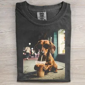 Dachshund Iced Coffee T-Shirt, Vintage 90s Dog Meme Graphic Tee, Animal Lover Shirt, Unisex Casual Streetwear, Gift for Men and Women