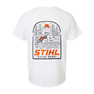 TLXT STIHL chainsaw graphic t-shirt, unisex pullover, casual short-sleeved pure cotton top, made in the USA.